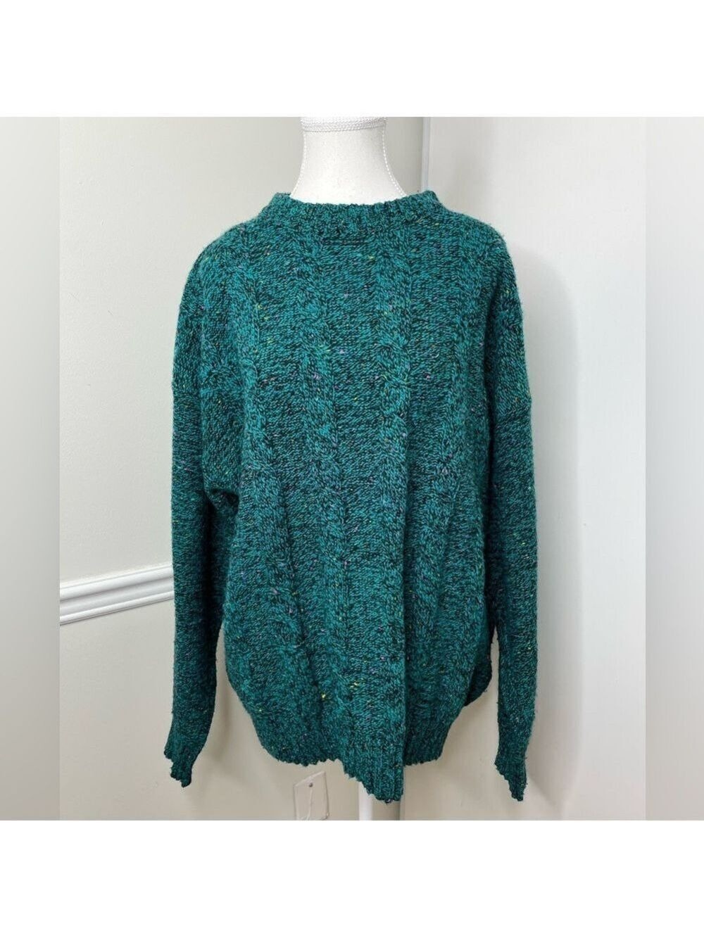 Vintage Wool Cable Knit Crew Neck Speckled Sweater L